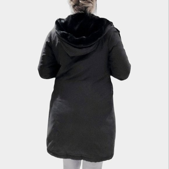 Black Mid Length Parka Coat with Interior Fur Lining - Picture 3 of 16